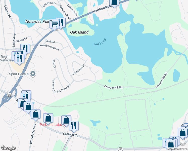 map of restaurants, bars, coffee shops, grocery stores, and more near 23 Pointe Rok Drive in Worcester