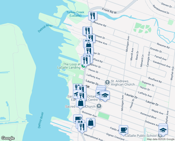 map of restaurants, bars, coffee shops, grocery stores, and more near 108 Lafferty Avenue in Windsor
