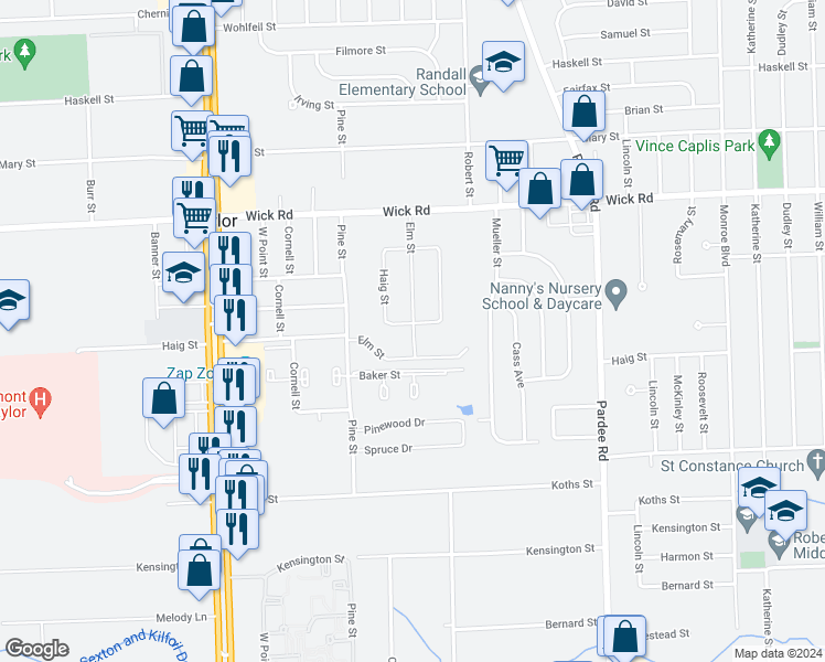 map of restaurants, bars, coffee shops, grocery stores, and more near 9622 Elm Street in Taylor