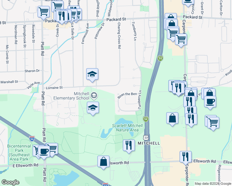 map of restaurants, bars, coffee shops, grocery stores, and more near 3251 Roon the Ben in Ann Arbor