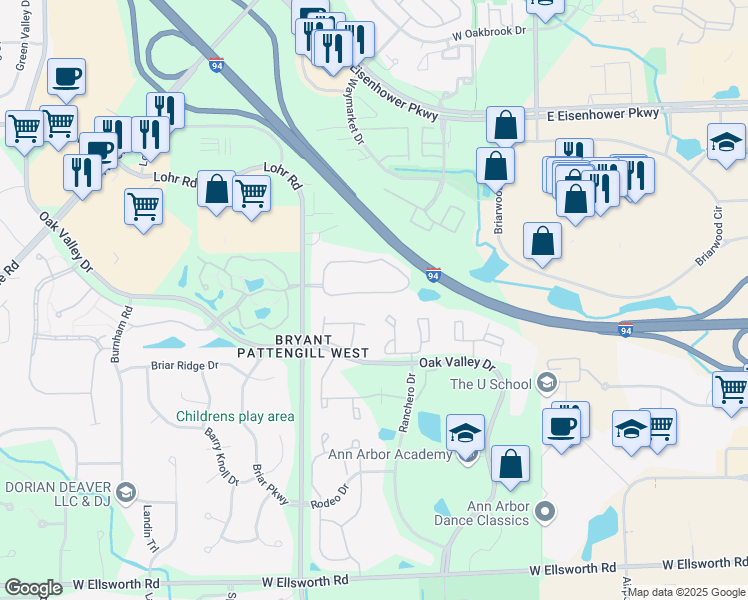 map of restaurants, bars, coffee shops, grocery stores, and more near 1410 Fox Pointe Circle in Ann Arbor