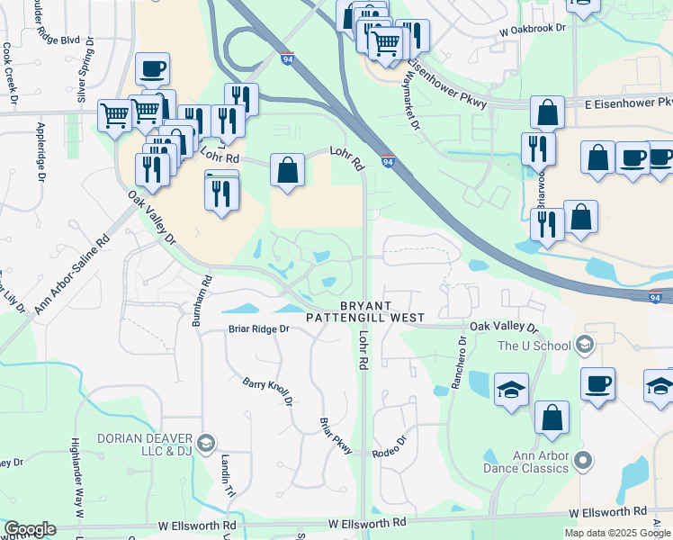 map of restaurants, bars, coffee shops, grocery stores, and more near 1533 Oakfield Drive in Ann Arbor