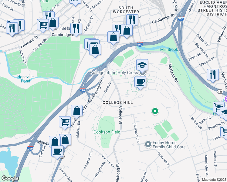 map of restaurants, bars, coffee shops, grocery stores, and more near 4 Clay Street in Worcester