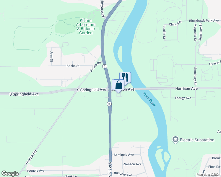 map of restaurants, bars, coffee shops, grocery stores, and more near 36 Harrison Avenue in Rockford