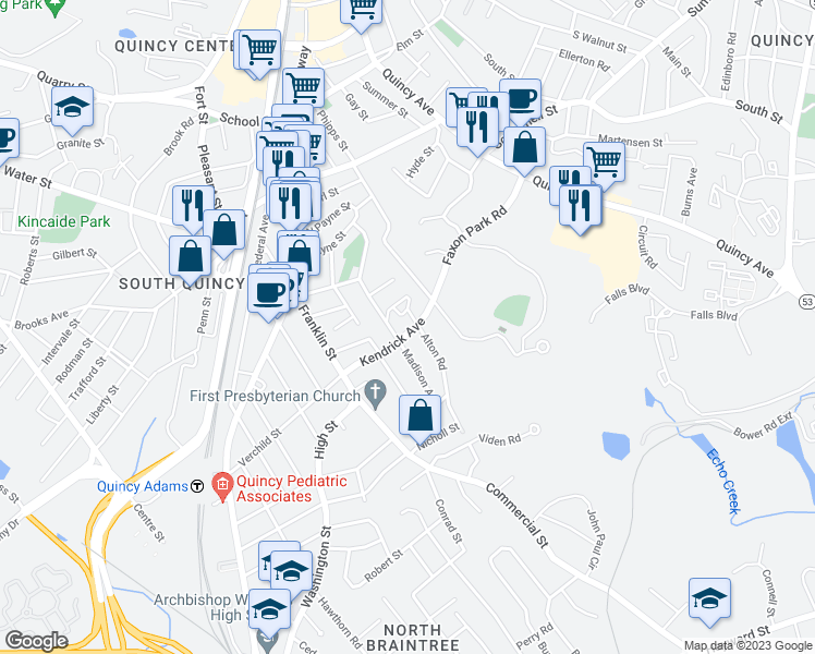 map of restaurants, bars, coffee shops, grocery stores, and more near 163 Kendrick Avenue in Quincy