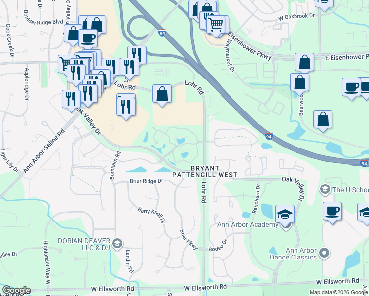 map of restaurants, bars, coffee shops, grocery stores, and more near 1612 Oakfield Drive in Ann Arbor