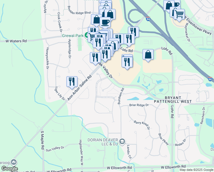 map of restaurants, bars, coffee shops, grocery stores, and more near 1998 Bancroft Drive in Ann Arbor