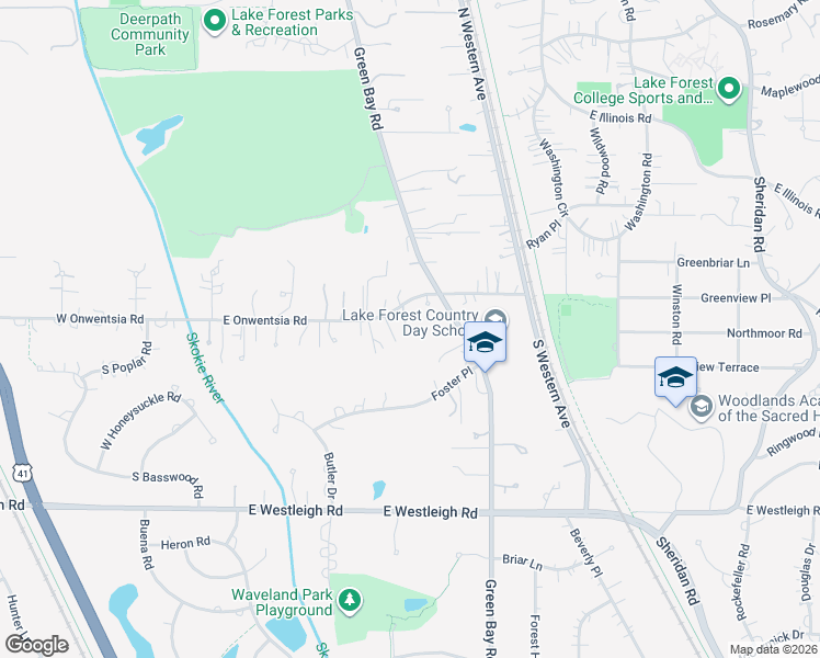 map of restaurants, bars, coffee shops, grocery stores, and more near 132 South Green Bay Road in Lake Forest