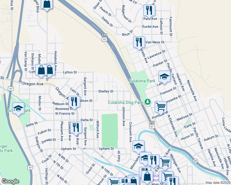 map of restaurants, bars, coffee shops, grocery stores, and more near 1842 Lexington Avenue in Klamath Falls