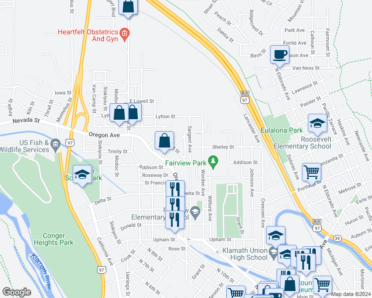 map of restaurants, bars, coffee shops, grocery stores, and more near 1846 Sargent Avenue in Klamath Falls