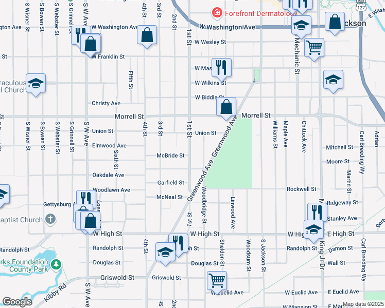 map of restaurants, bars, coffee shops, grocery stores, and more near 1025 1st Street in Jackson