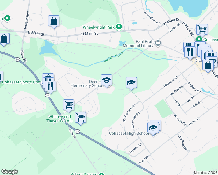 map of restaurants, bars, coffee shops, grocery stores, and more near 208 Sohier Street in Cohasset