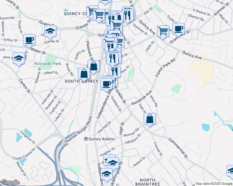 map of restaurants, bars, coffee shops, grocery stores, and more near 42 Bradford Street in Quincy