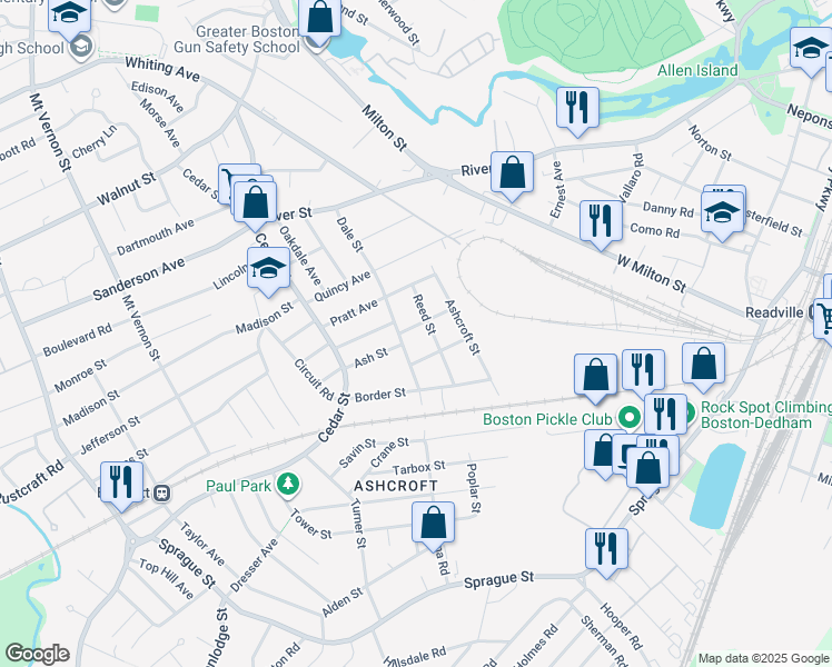 map of restaurants, bars, coffee shops, grocery stores, and more near 15 Benjamin Street in Dedham