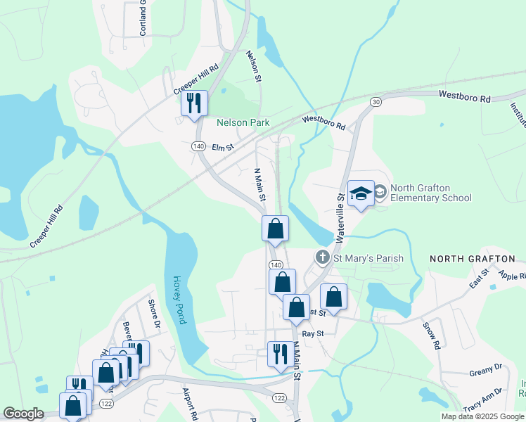 map of restaurants, bars, coffee shops, grocery stores, and more near 95 North Main Street in Grafton