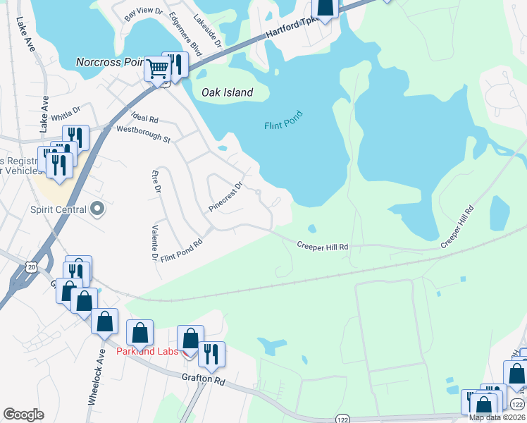 map of restaurants, bars, coffee shops, grocery stores, and more near 15 Pointe Rok Drive in Worcester