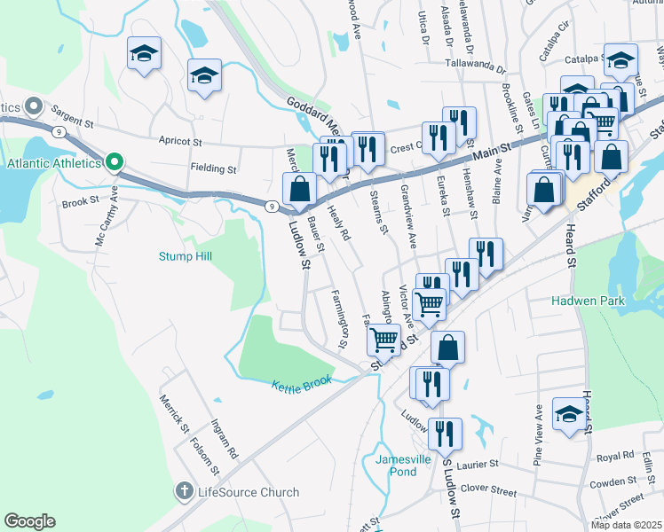 map of restaurants, bars, coffee shops, grocery stores, and more near 20 Healy Road in Worcester