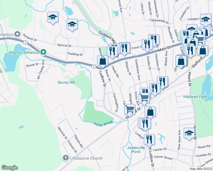 map of restaurants, bars, coffee shops, grocery stores, and more near 8A Ludlow Street in Worcester