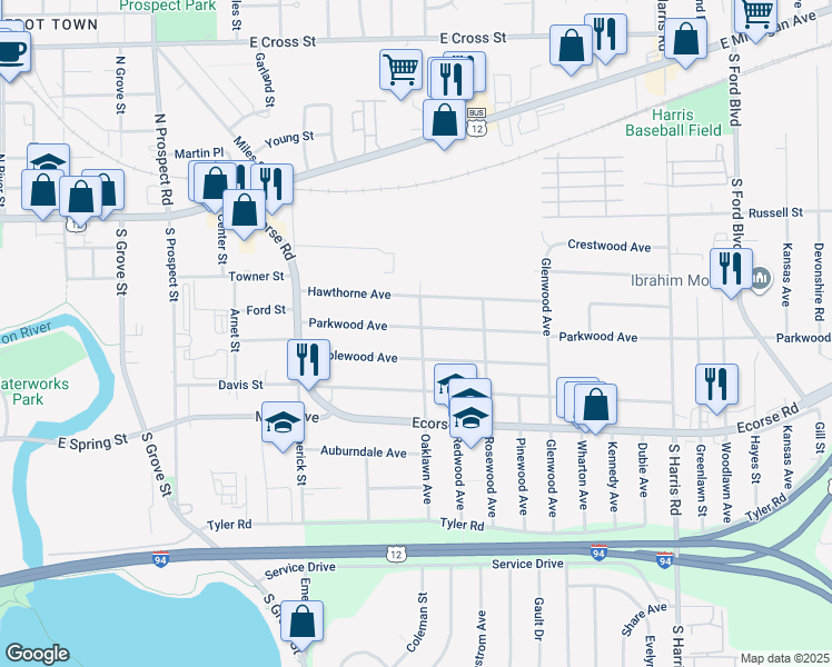 map of restaurants, bars, coffee shops, grocery stores, and more near 165 Oaklawn Avenue in Ypsilanti