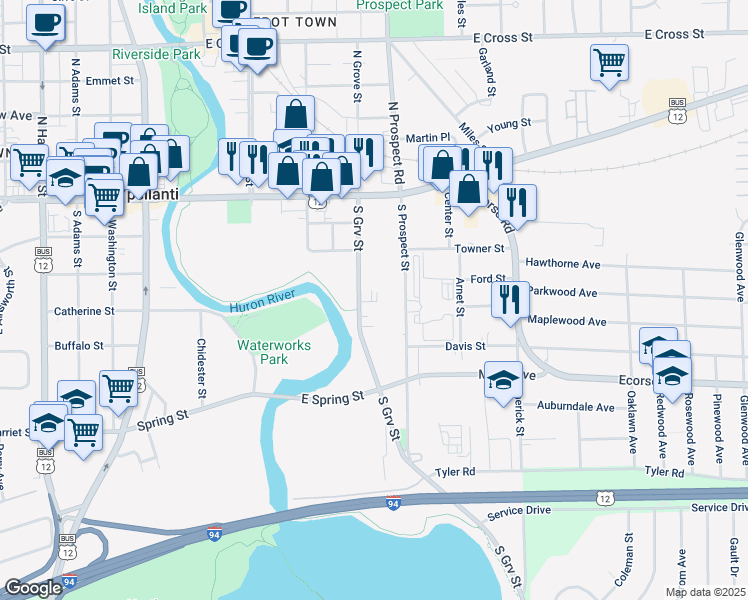 map of restaurants, bars, coffee shops, grocery stores, and more near 118 South Grove Street in Ypsilanti