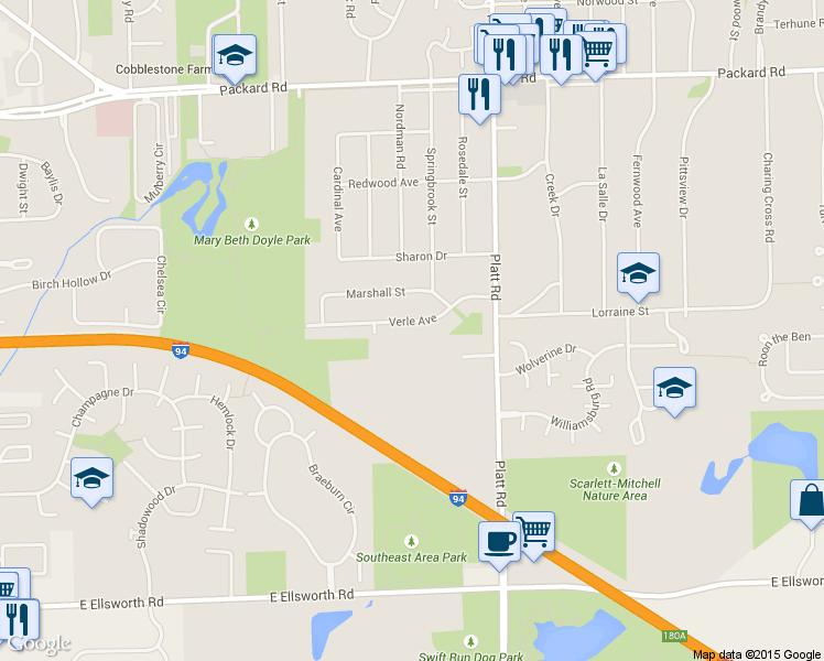 map of restaurants, bars, coffee shops, grocery stores, and more near 2938 Marshall Street in Ann Arbor