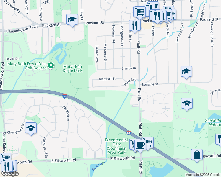 map of restaurants, bars, coffee shops, grocery stores, and more near 2910 Marshall Street in Ann Arbor