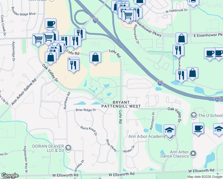 map of restaurants, bars, coffee shops, grocery stores, and more near 1510 Long Meadow Trail Drive in Ann Arbor