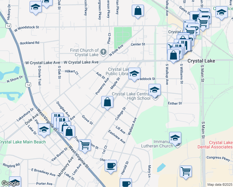 map of restaurants, bars, coffee shops, grocery stores, and more near 200 Ash Street in Crystal Lake