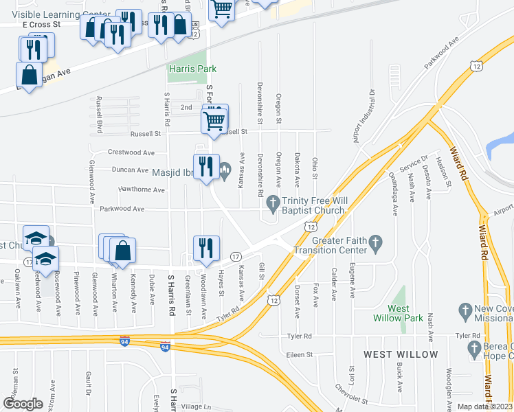 map of restaurants, bars, coffee shops, grocery stores, and more near 1675 Parkwood Avenue in Ypsilanti