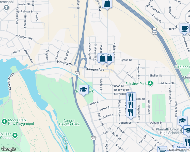 map of restaurants, bars, coffee shops, grocery stores, and more near 343 Trinity Street in Klamath Falls