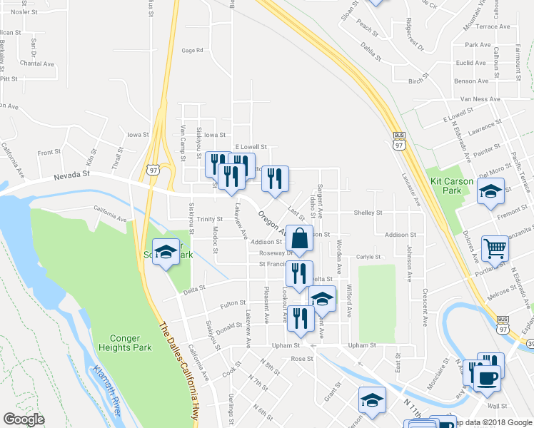 map of restaurants, bars, coffee shops, grocery stores, and more near 1929 Oregon Avenue in Klamath Falls