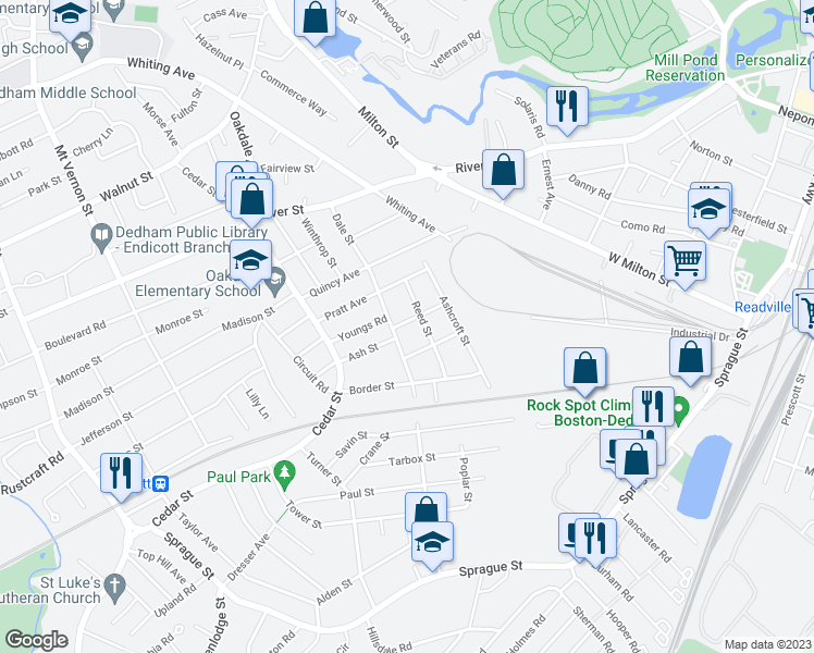 map of restaurants, bars, coffee shops, grocery stores, and more near 38 Benjamin Street in Dedham
