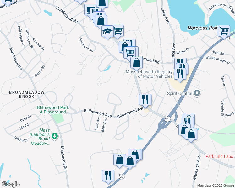 map of restaurants, bars, coffee shops, grocery stores, and more near 69 Oakwood Lane in Worcester
