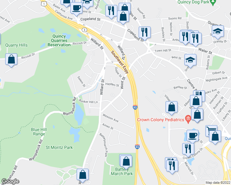 map of restaurants, bars, coffee shops, grocery stores, and more near 37 Hayden Street in Quincy
