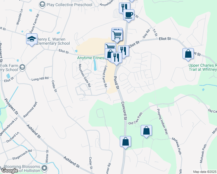map of restaurants, bars, coffee shops, grocery stores, and more near 369 Pond Street in Ashland