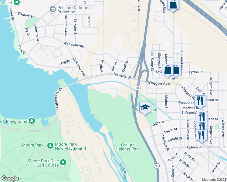 map of restaurants, bars, coffee shops, grocery stores, and more near 2014 California Avenue in Klamath Falls