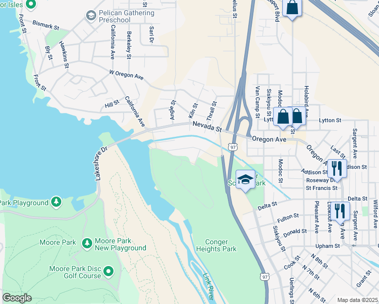 map of restaurants, bars, coffee shops, grocery stores, and more near 2015 California Avenue in Klamath Falls