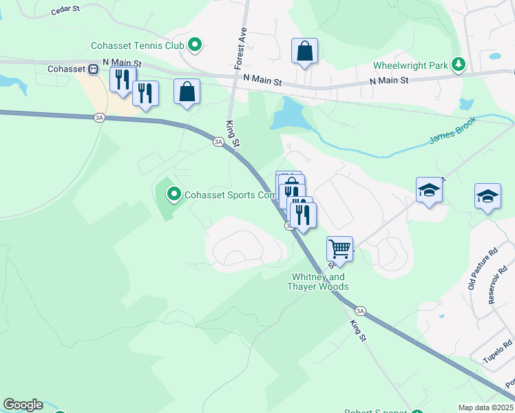 map of restaurants, bars, coffee shops, grocery stores, and more near 125 King Street in Cohasset