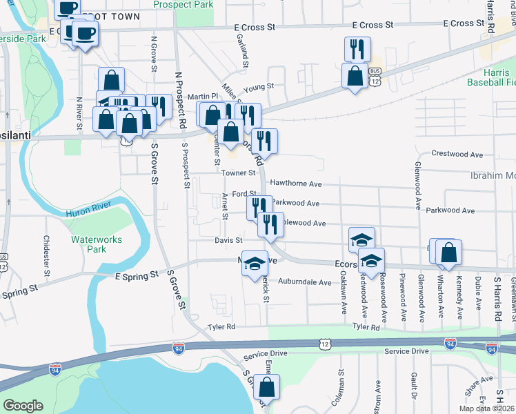 map of restaurants, bars, coffee shops, grocery stores, and more near 773 Ford Street in Ypsilanti