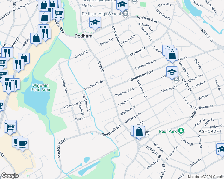 map of restaurants, bars, coffee shops, grocery stores, and more near 202 Sanderson Avenue in Dedham