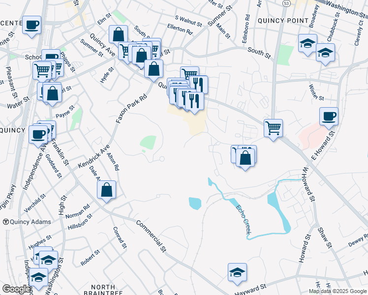 map of restaurants, bars, coffee shops, grocery stores, and more near 2004 Falls Boulevard in Quincy