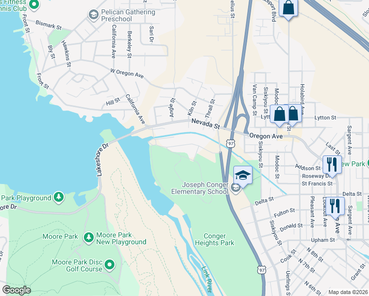 map of restaurants, bars, coffee shops, grocery stores, and more near 2038 California Avenue in Klamath Falls