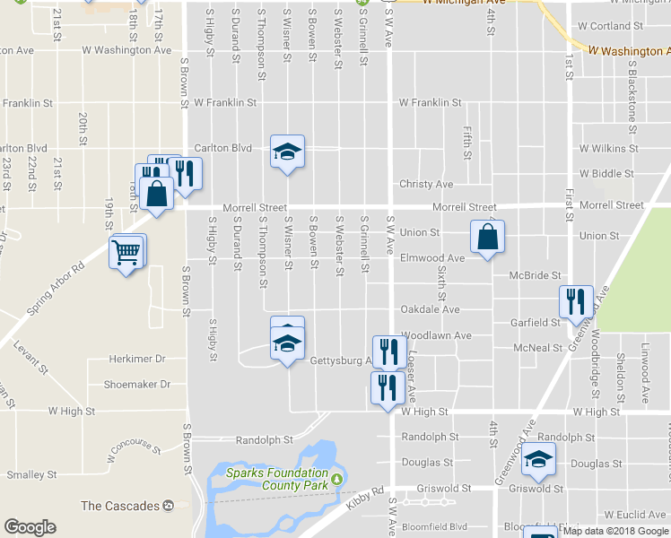 map of restaurants, bars, coffee shops, grocery stores, and more near 1018 South Webster Street in Jackson