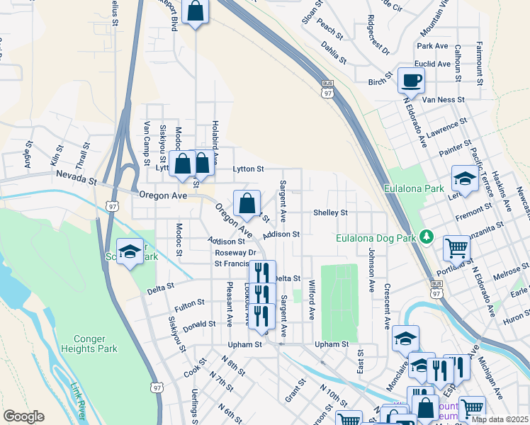 map of restaurants, bars, coffee shops, grocery stores, and more near 1926 Academy Avenue in Klamath Falls