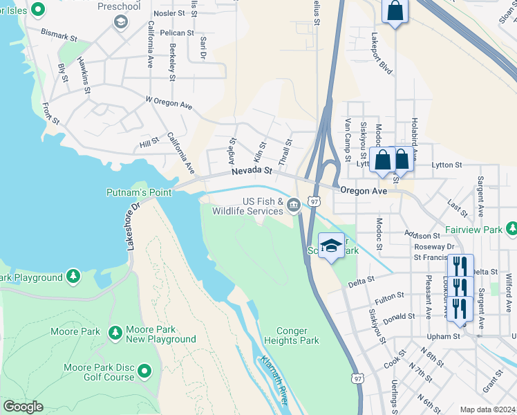 map of restaurants, bars, coffee shops, grocery stores, and more near 2015 California Avenue in Klamath Falls