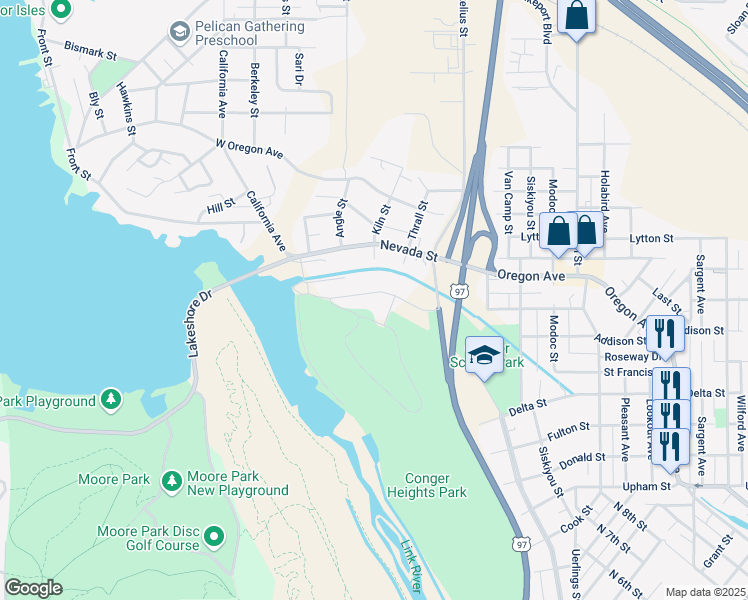 map of restaurants, bars, coffee shops, grocery stores, and more near 2015 California Avenue in Klamath Falls