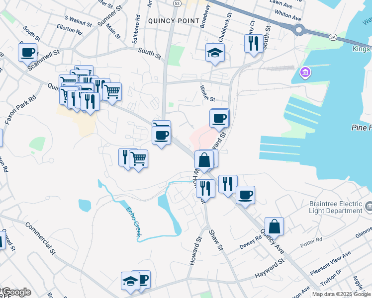 map of restaurants, bars, coffee shops, grocery stores, and more near 450 Quincy Ave in Quincy