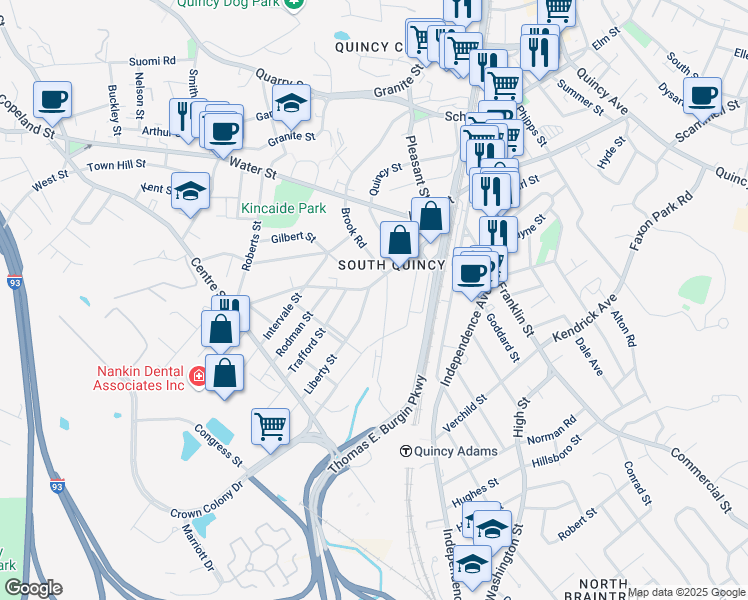 map of restaurants, bars, coffee shops, grocery stores, and more near in Quincy