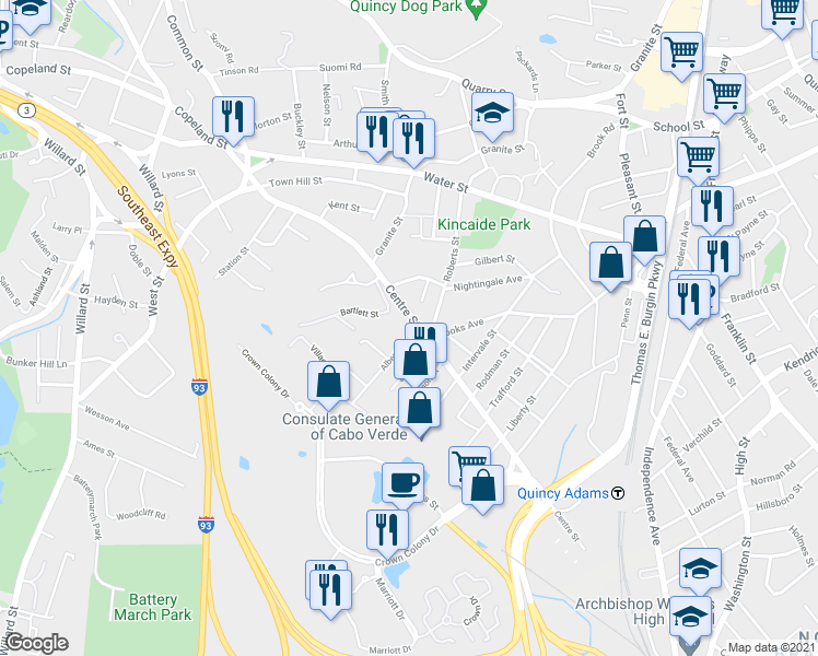 map of restaurants, bars, coffee shops, grocery stores, and more near 205 Centre Street in Quincy