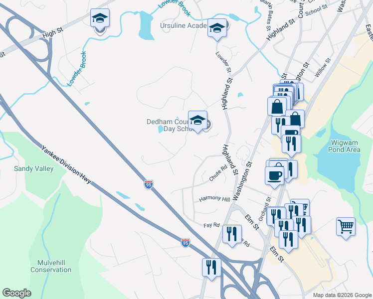 map of restaurants, bars, coffee shops, grocery stores, and more near 90 Sandy Valley Road in Dedham